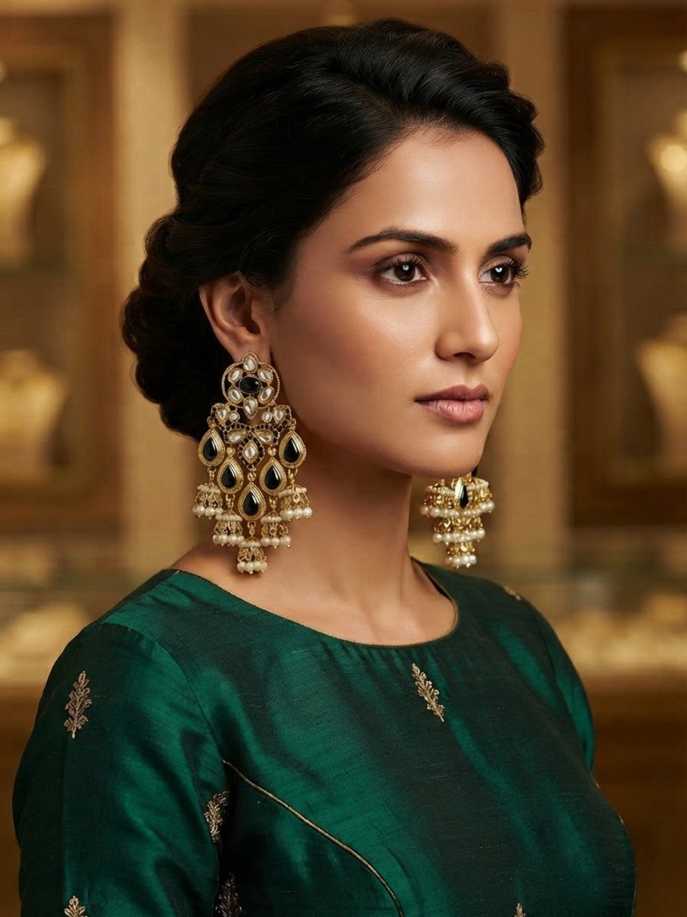 Gold and Black Kundan Jhumka Earrings - Elegant Statement Earrings